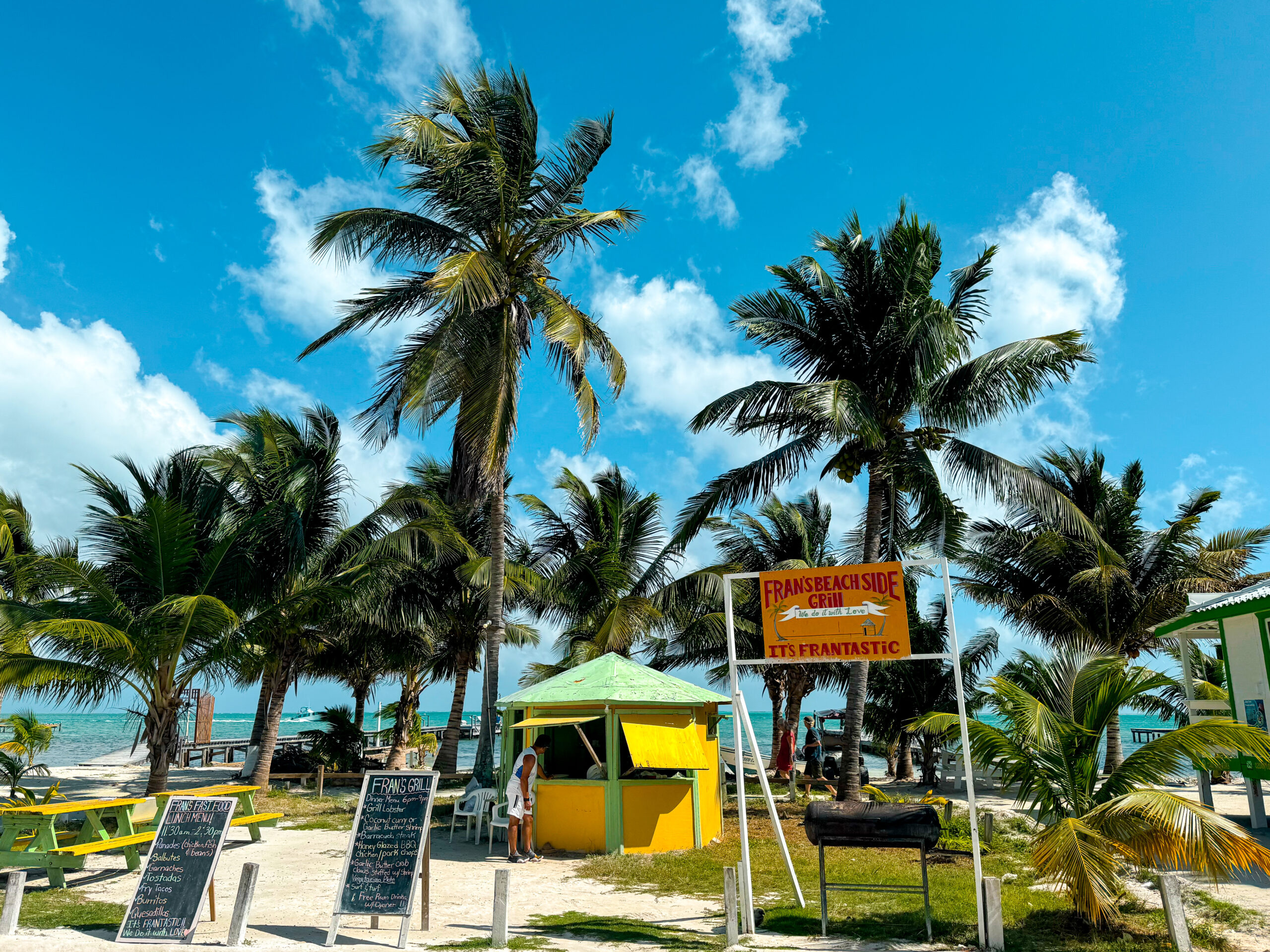 colourful caribbean island beach bbq hut with palm trees in belize